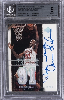 2003-04 UD "Exquisite Collection" Number Piece Autographs #DR Dennis Rodman Signed Game Used Patch Card (#15/91) – BGS MINT 9/BGS 10